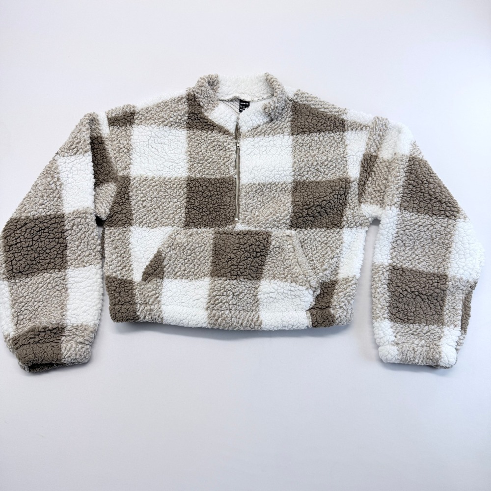 SHEIN Womens Large Brown White Plaid Sherpa Fleece Quarter Zip Cropped Pullover